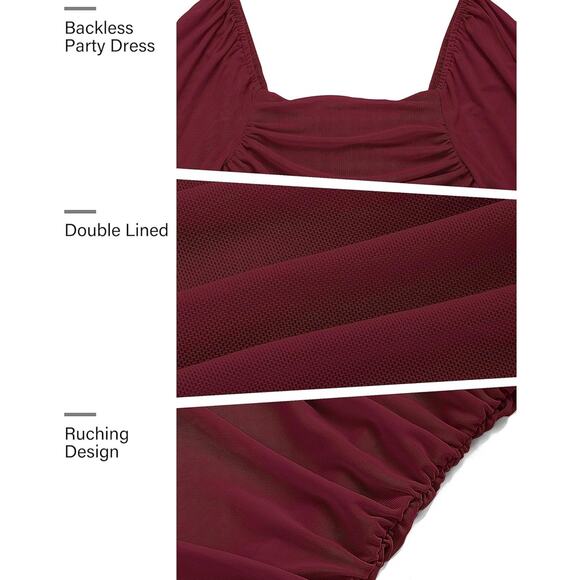 MEROKEETY Wine Red Ruched Bodycon Puff Sleeve Mesh Cocktail Party Midi Dress - Picture 10 of 13